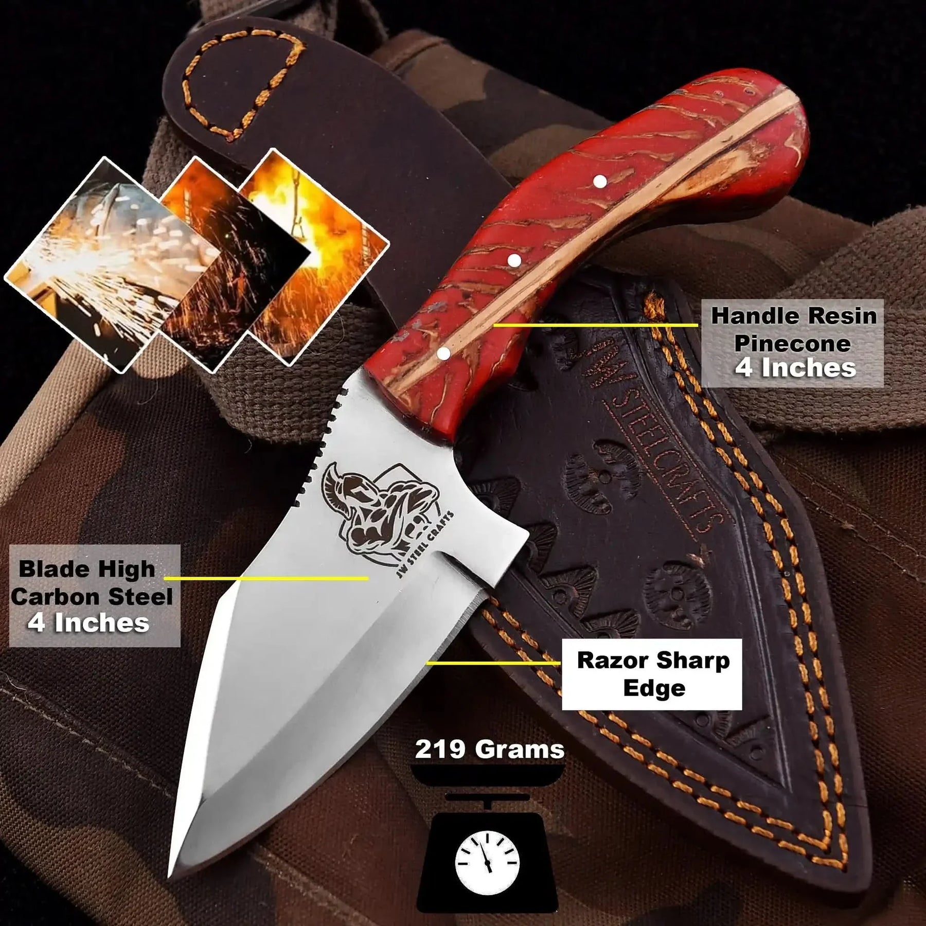 High Carbon Steel Drop Point Hunting Knife Red Pinecone Resin Handle by JW SteelCrafts