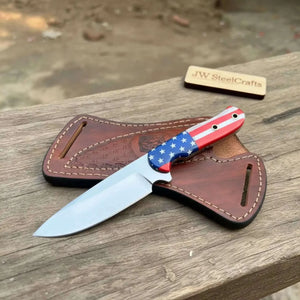 American Flag Themed Custom Blade with Leather Sheath detail view by JW SteelCrafts
