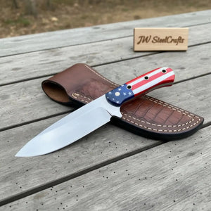 American Flag Themed Custom Blade with Leather Sheath by JW SteelCrafts