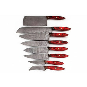 JW SteelCrafts Handmade Damascus Kitchen Knife Set of 8, Cleaver, Santoku, Gyuto Chef, Utility, Boning and Skinning Knives, Red Pakka Wood Handle, Ful by JW SteelCrafts, Damascus