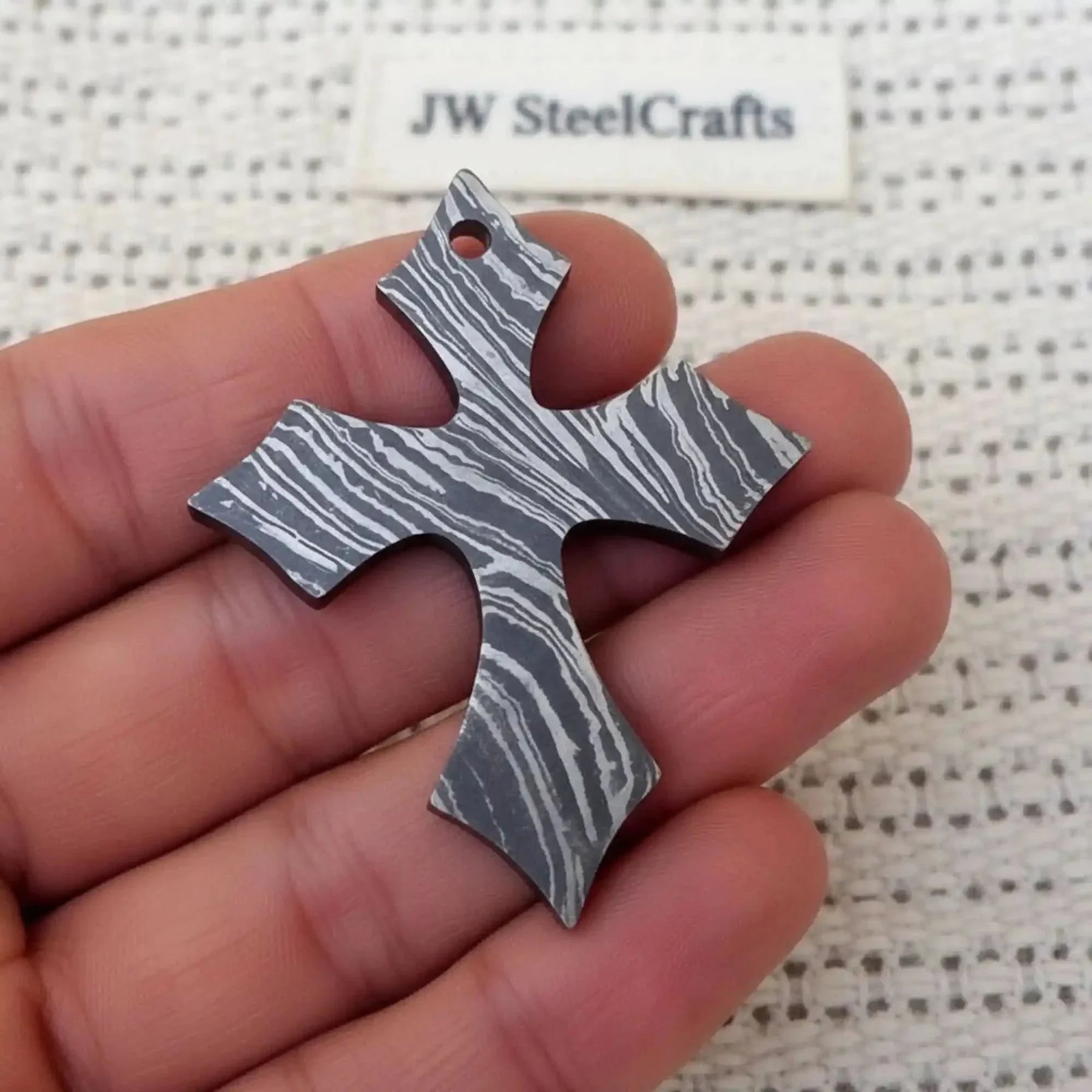 Damascus Gothic Cross Pendant with Flared Pattée Arms detail view by JW SteelCrafts