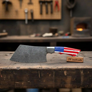 Damascus Steel Cleaver Knife with American Flag Resin Handle by JW SteelCrafts, Damascus knife detail photo 4