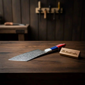 Damascus Steel Cleaver Knife with American Flag Resin Handle by JW SteelCrafts, Damascus knife detail photo 6