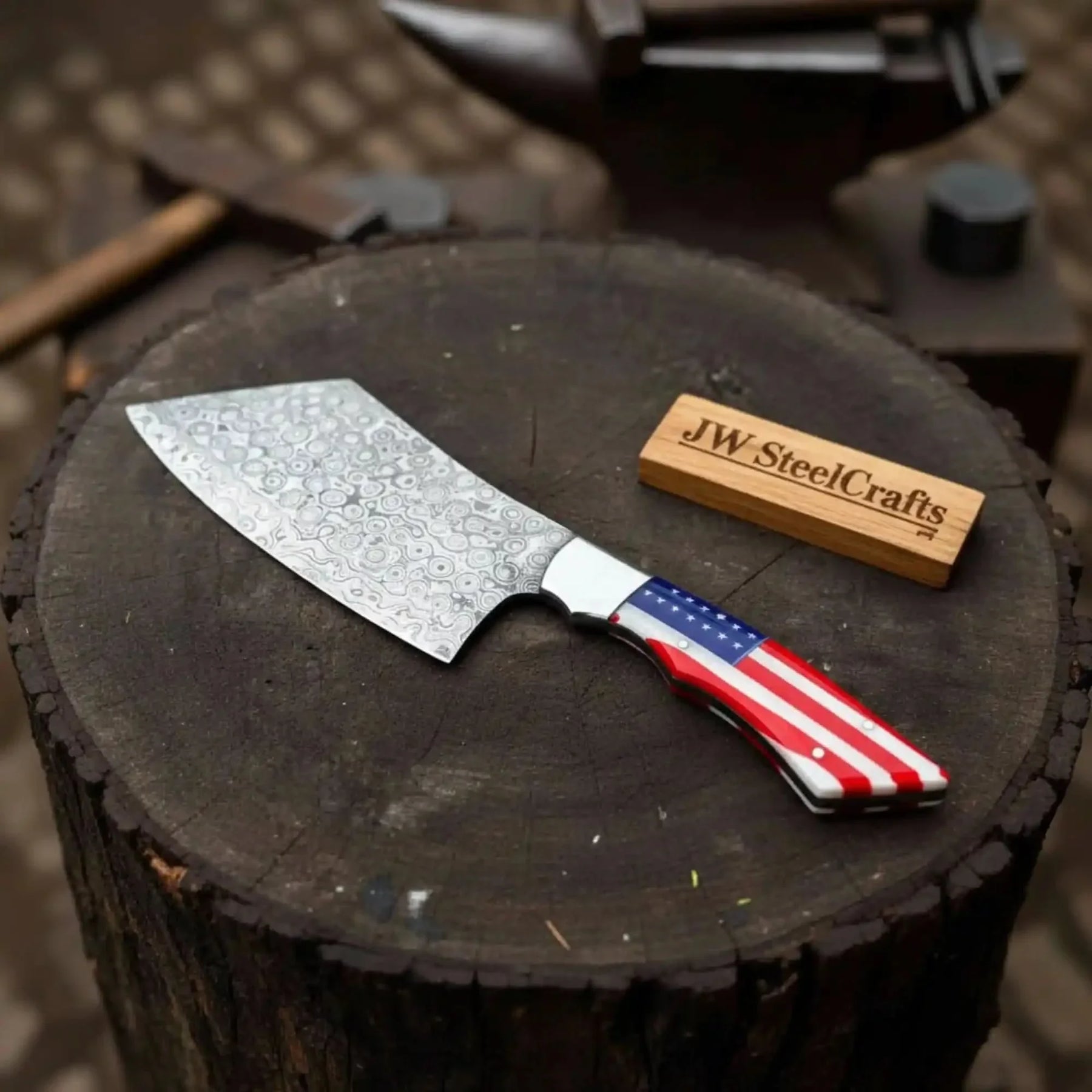 Damascus Steel Cleaver Knife with American Flag Resin Handle by JW SteelCrafts, Damascus knife main product photo