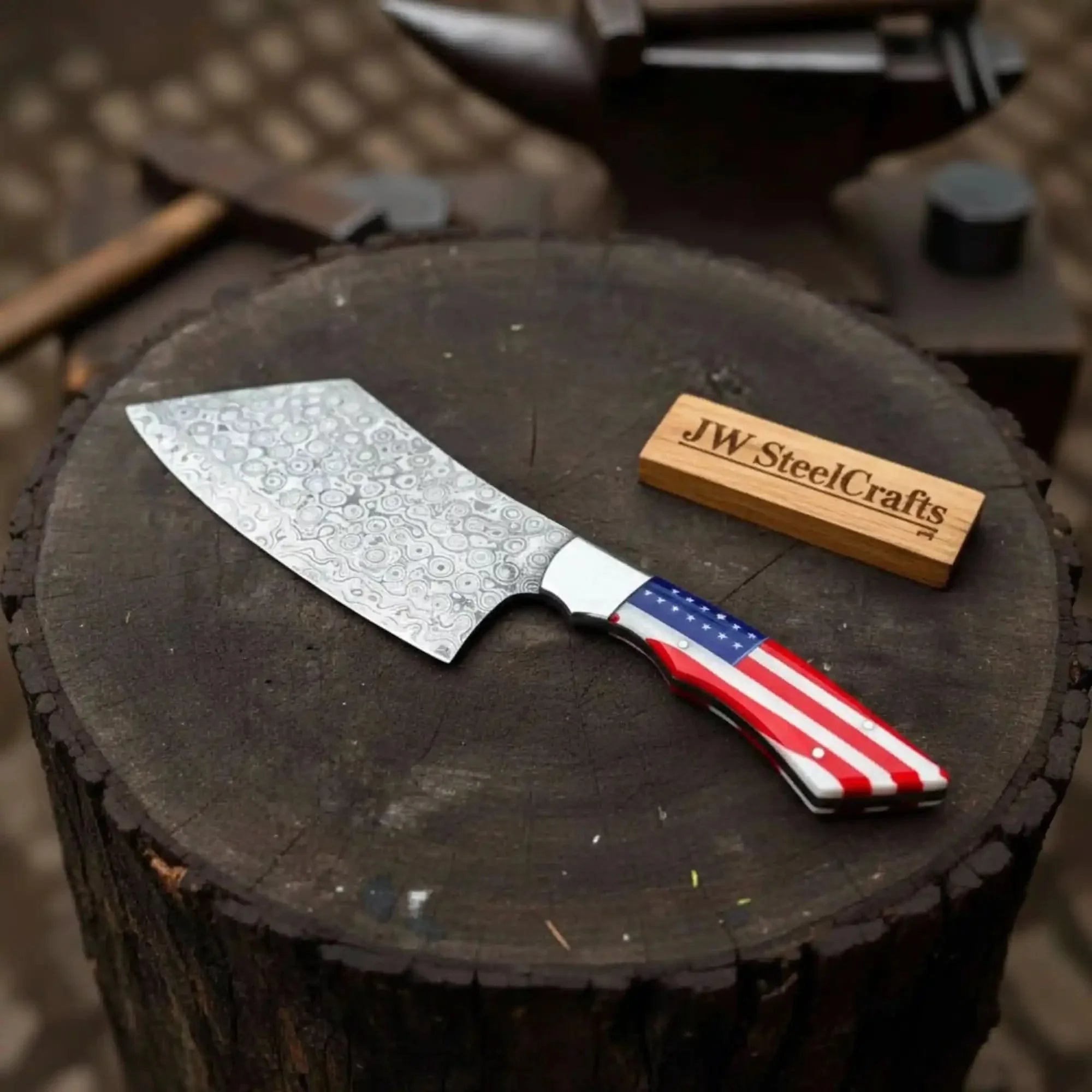 Damascus Steel Cleaver Knife with American Flag Resin Handle by JW SteelCrafts, Damascus knife main product photo
