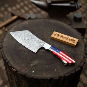Damascus Steel Cleaver Knife with American Flag Resin Handle by JW SteelCrafts, Damascus knife main product photo