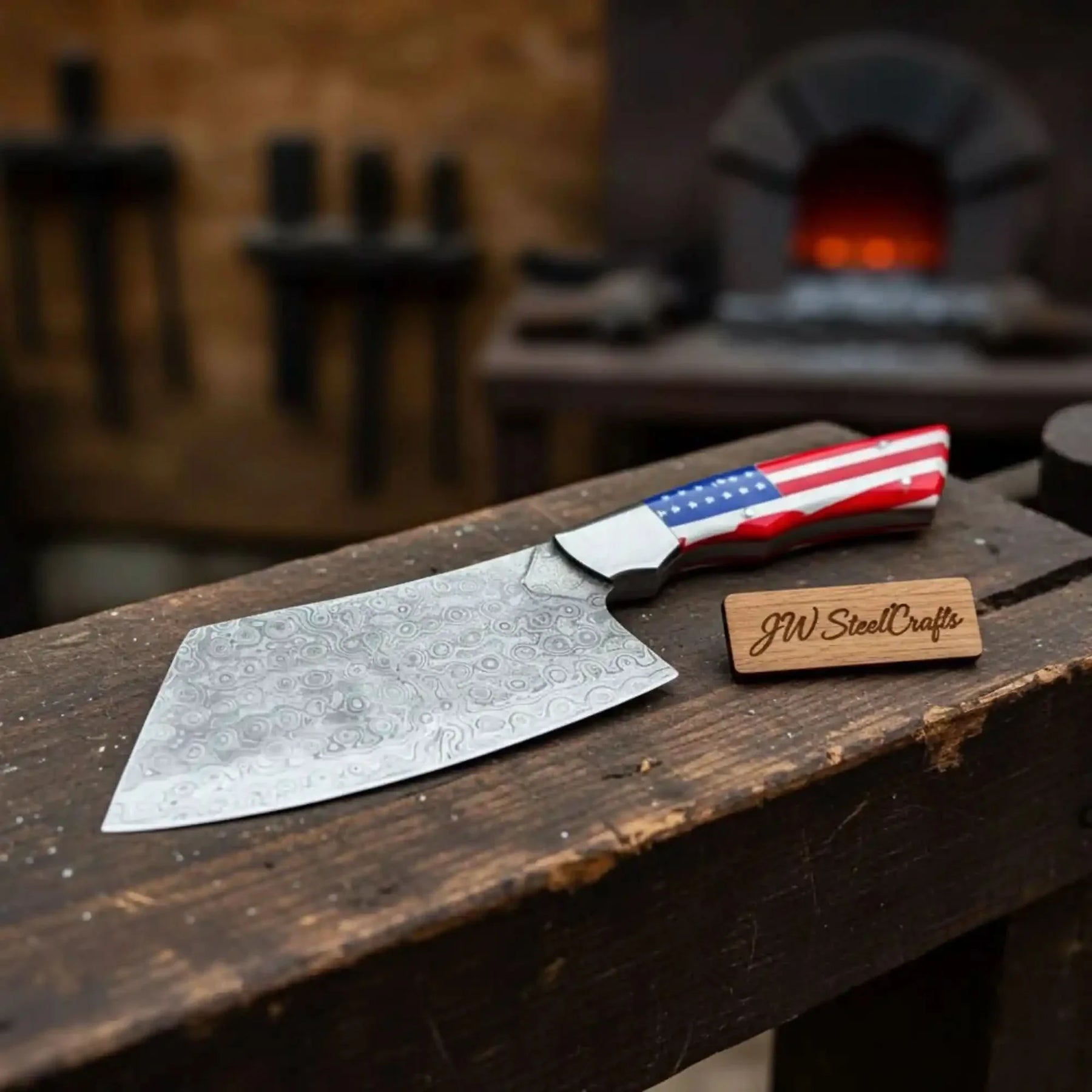 Damascus Steel Cleaver Knife with American Flag Resin Handle by JW SteelCrafts, Damascus knife detail photo 2