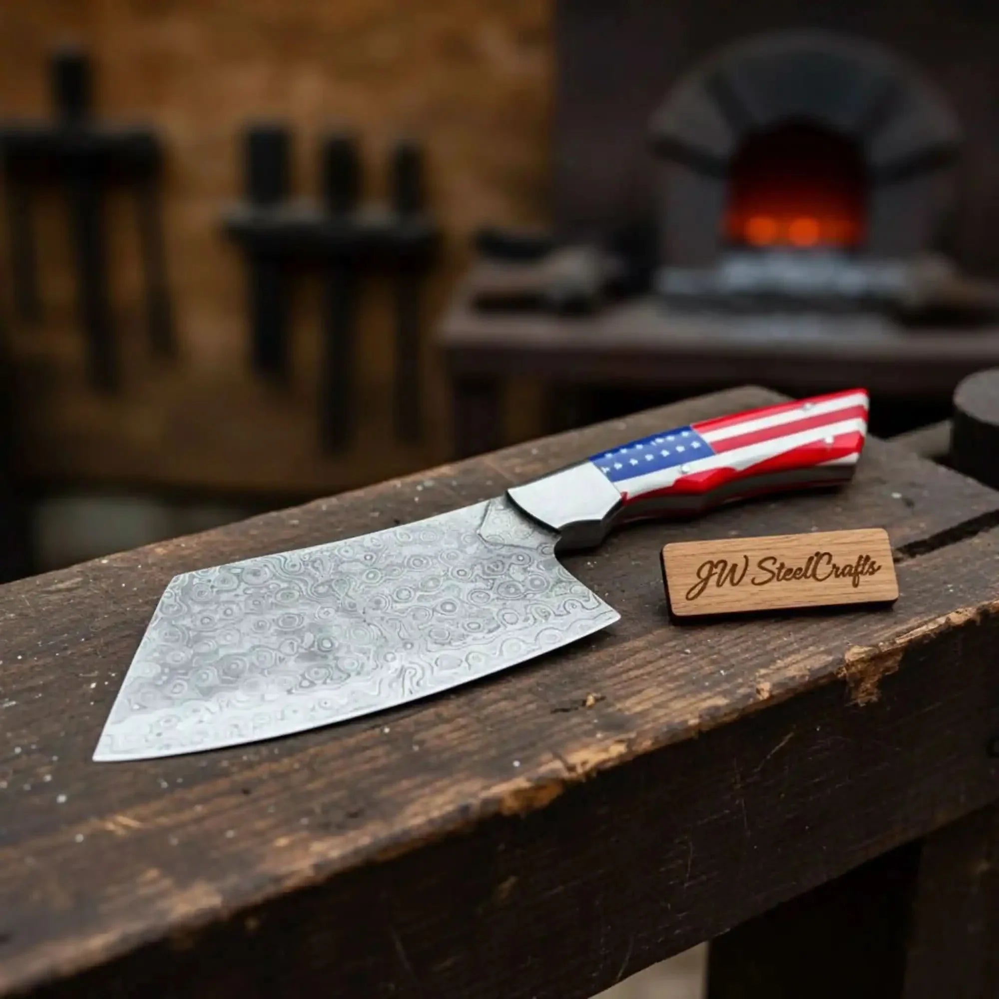 Damascus Steel Cleaver Knife with American Flag Resin Handle by JW SteelCrafts, Damascus knife detail photo 2