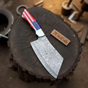 Damascus Steel Cleaver Knife with American Flag Resin Handle by JW SteelCrafts, Damascus knife detail photo 3