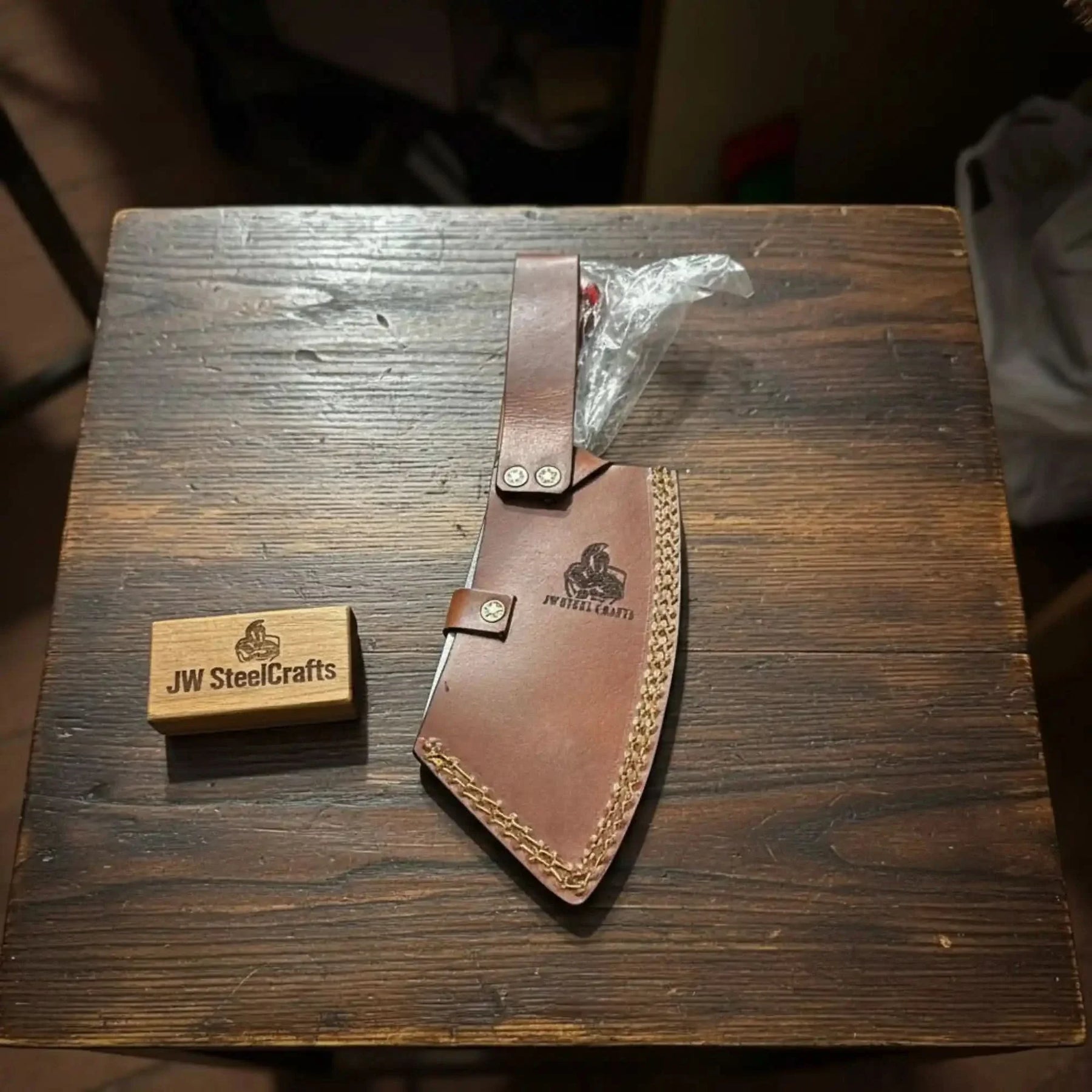 Damascus Steel Cleaver Knife with American Flag Resin Handle by JW SteelCrafts, Damascus knife detail photo 5