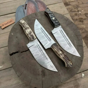 Premium Handmade Hunting Knife Set (3-Piece) Damascus Steel Fixed Blade Leather Sheaths