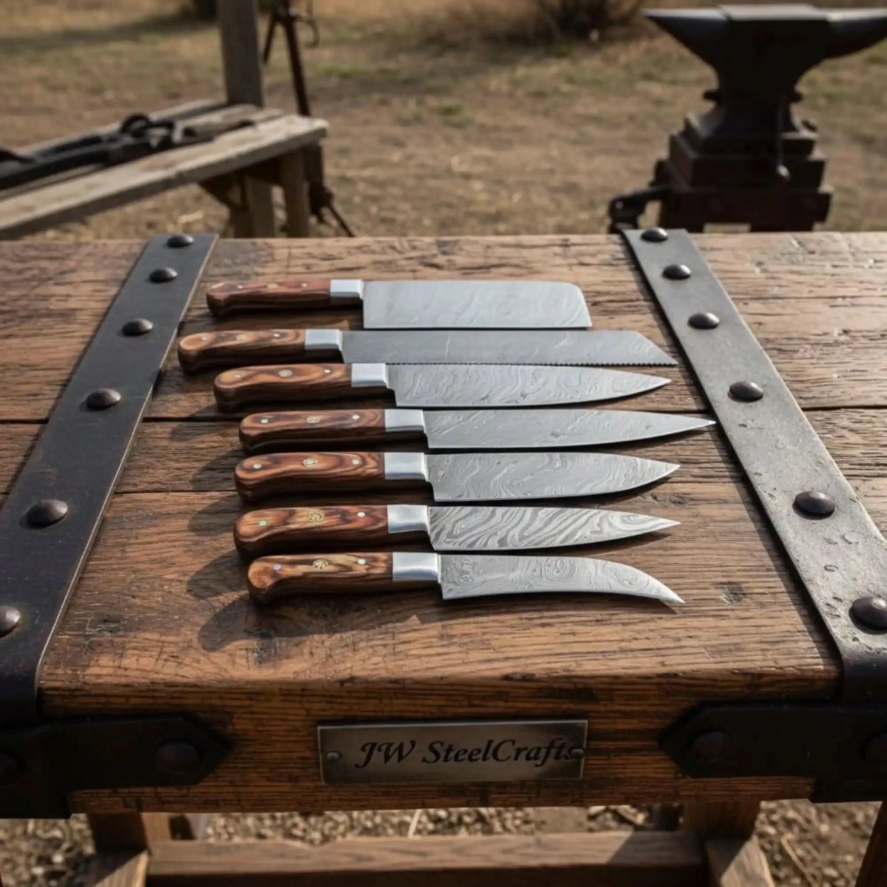 7-Piece Damascus Steel Kitchen Knife Collection with Flowing Water Pattern Blades.