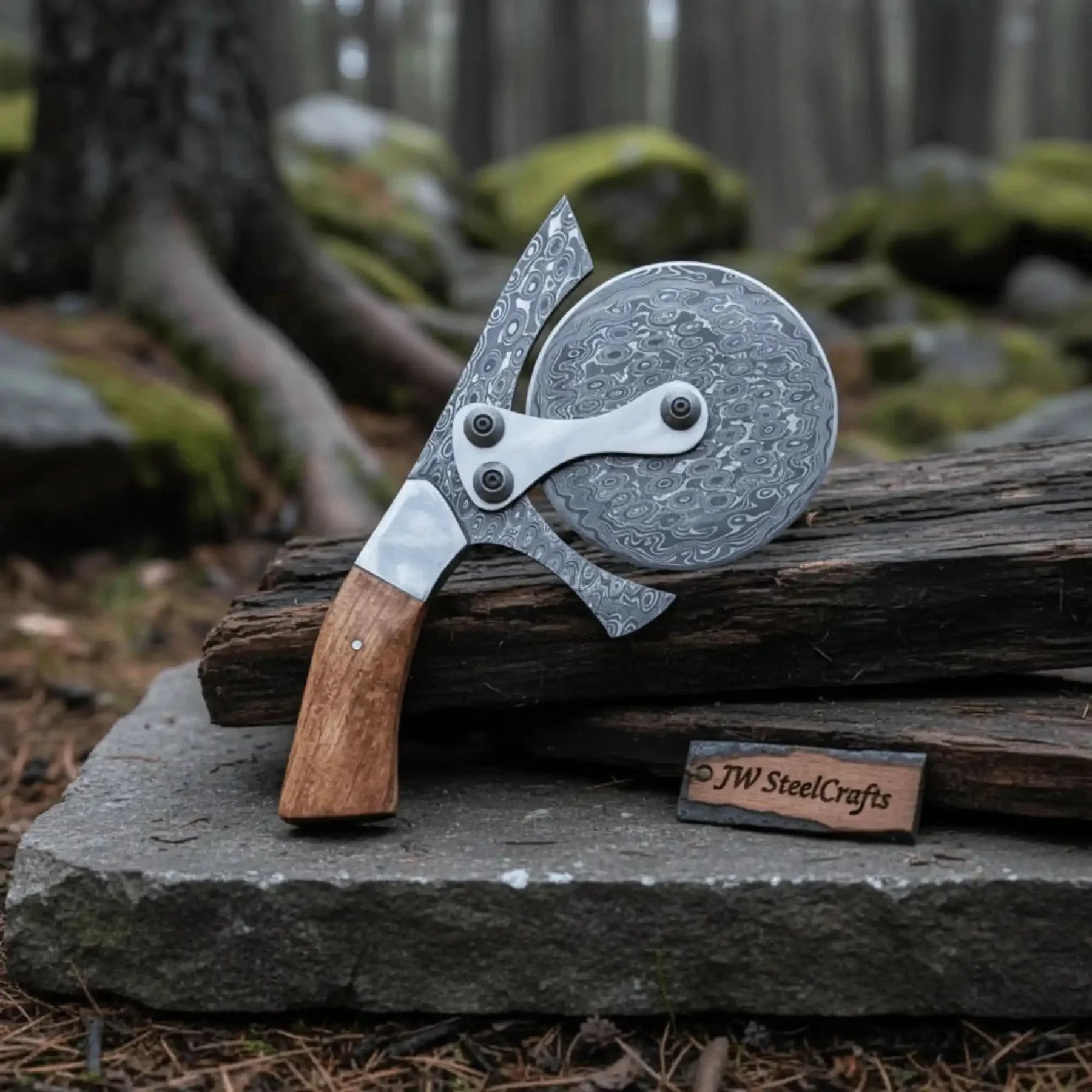 Damascus Steel Pizza Cutter Wheel with Wooden Handle – Handmade Kitchen Tool by JW SteelCrafts, Southern lifestyle apparel detail photo 4