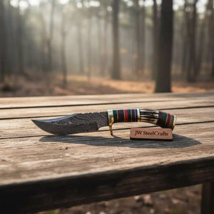 Damascus Steel Skinner Knife Deer Antler Handle Brass Guard Handmade Fixed Blade Hunting Knife by JW SteelCrafts, Damascus knife detail photo 2