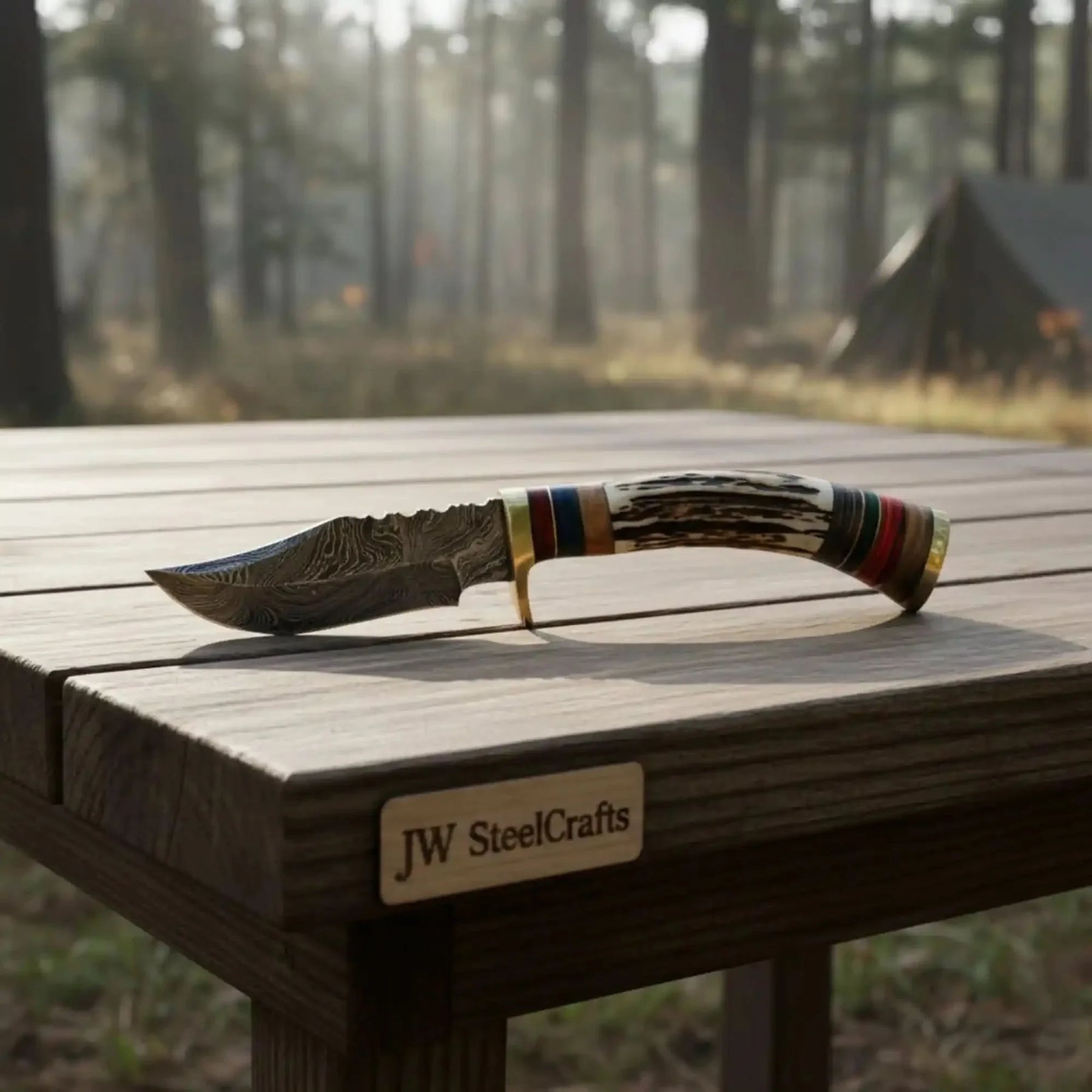 Damascus Steel Skinner Knife Deer Antler Handle Brass Guard Handmade Fixed Blade Hunting Knife by JW SteelCrafts, Damascus knife detail photo 3