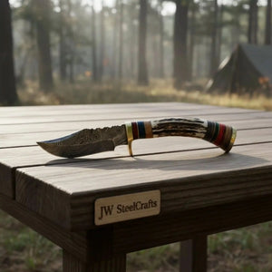 Damascus Steel Skinner Knife Deer Antler Handle Brass Guard Handmade Fixed Blade Hunting Knife by JW SteelCrafts, Damascus knife detail photo 3