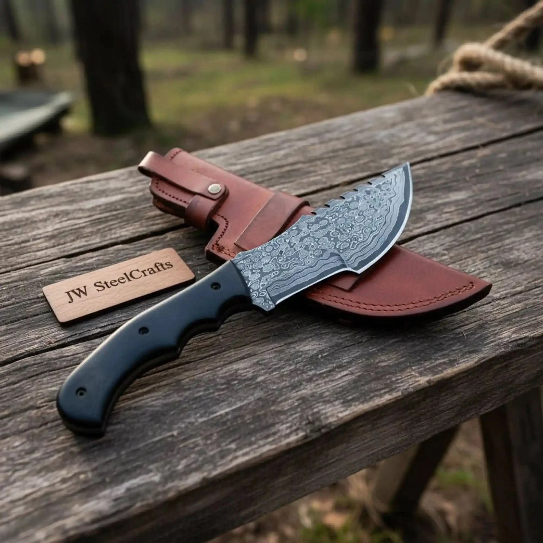 Damascus Steel Tracker Knife with Black Handle – 10 Inch Overall by JW SteelCrafts, Damascus knife detail photo 4