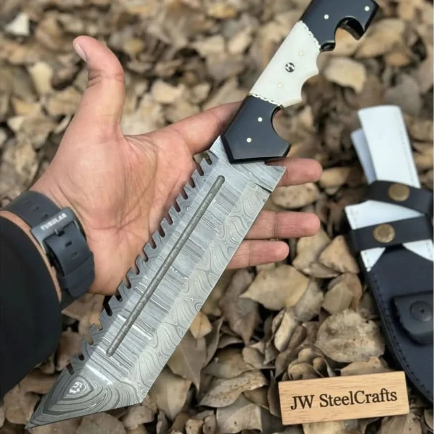 Damascus Steel Tracker Knife with Dual-Tone Bone & Black Handle | Handmade Leather Sheath by JW SteelCrafts, leather knife sheath detail photo 7