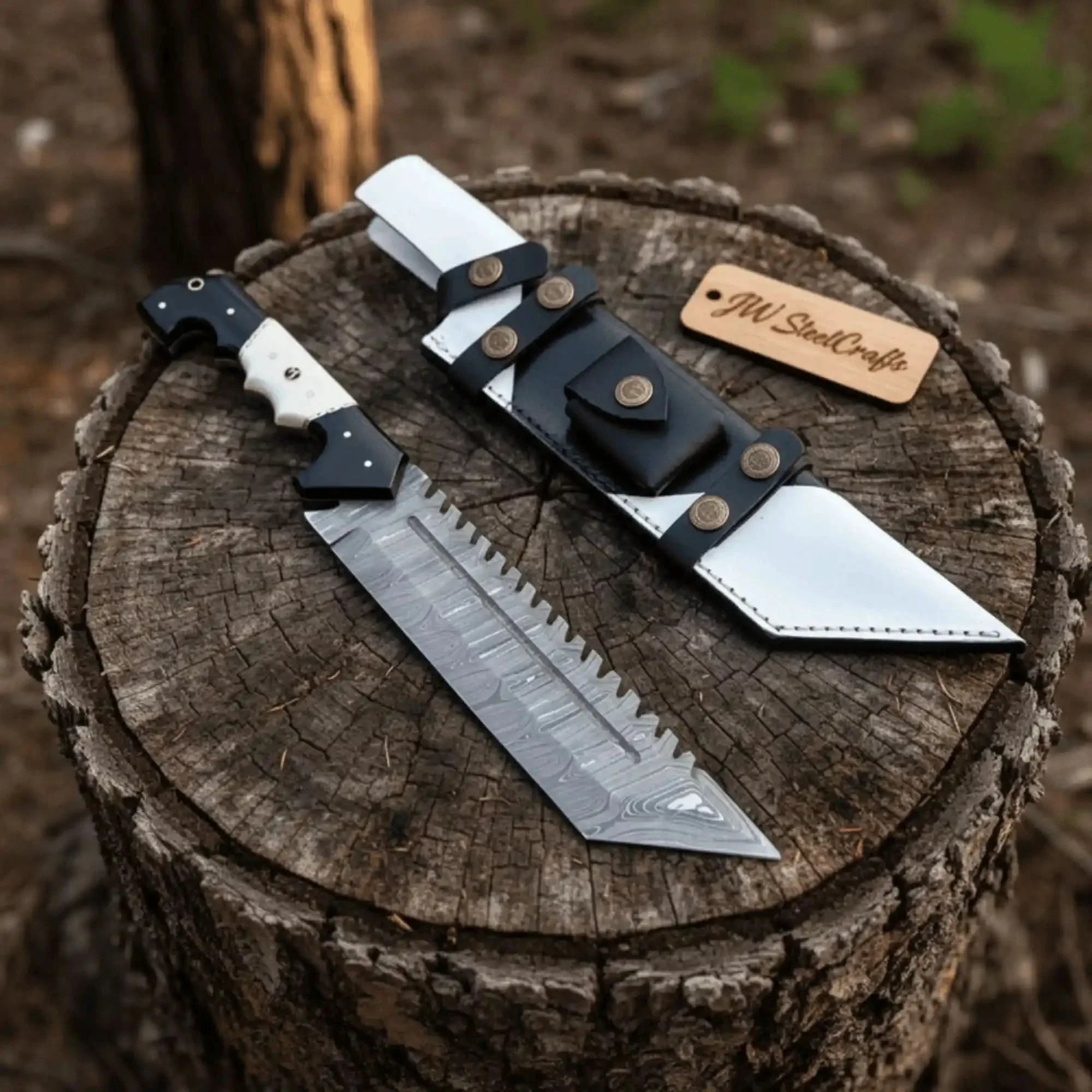 Damascus Steel Tracker Knife with Dual-Tone Bone & Black Handle | Handmade Leather Sheath by JW SteelCrafts, leather knife sheath main product photo