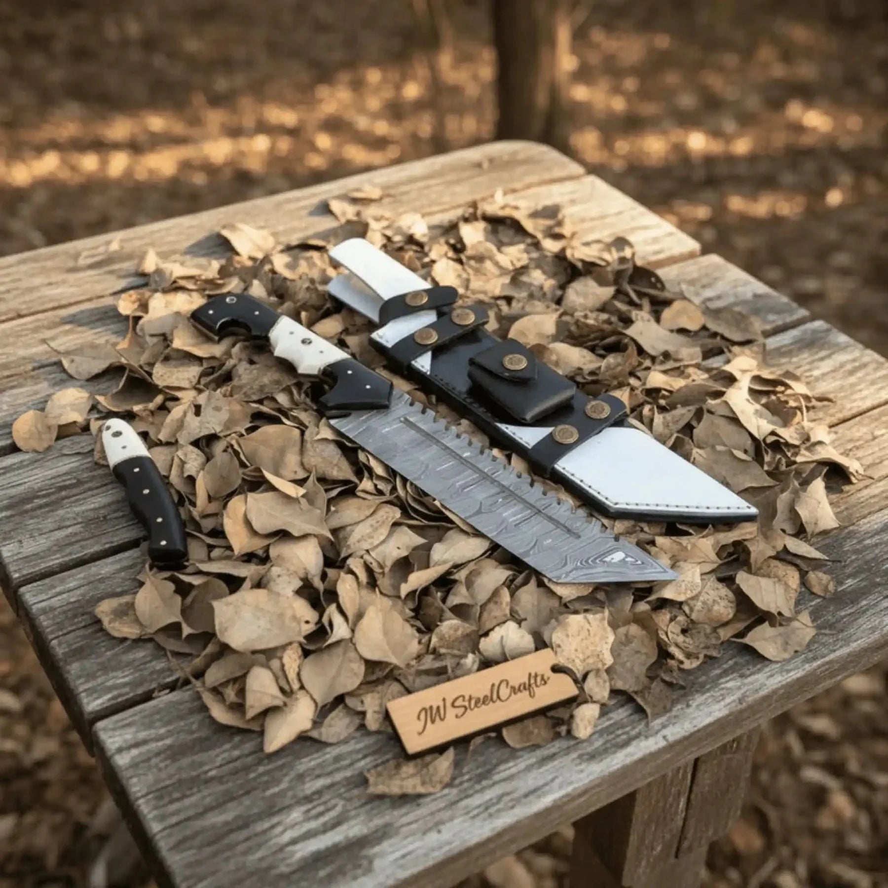 Damascus Steel Tracker Knife with Dual-Tone Bone & Black Handle | Handmade Leather Sheath by JW SteelCrafts, leather knife sheath detail photo 12