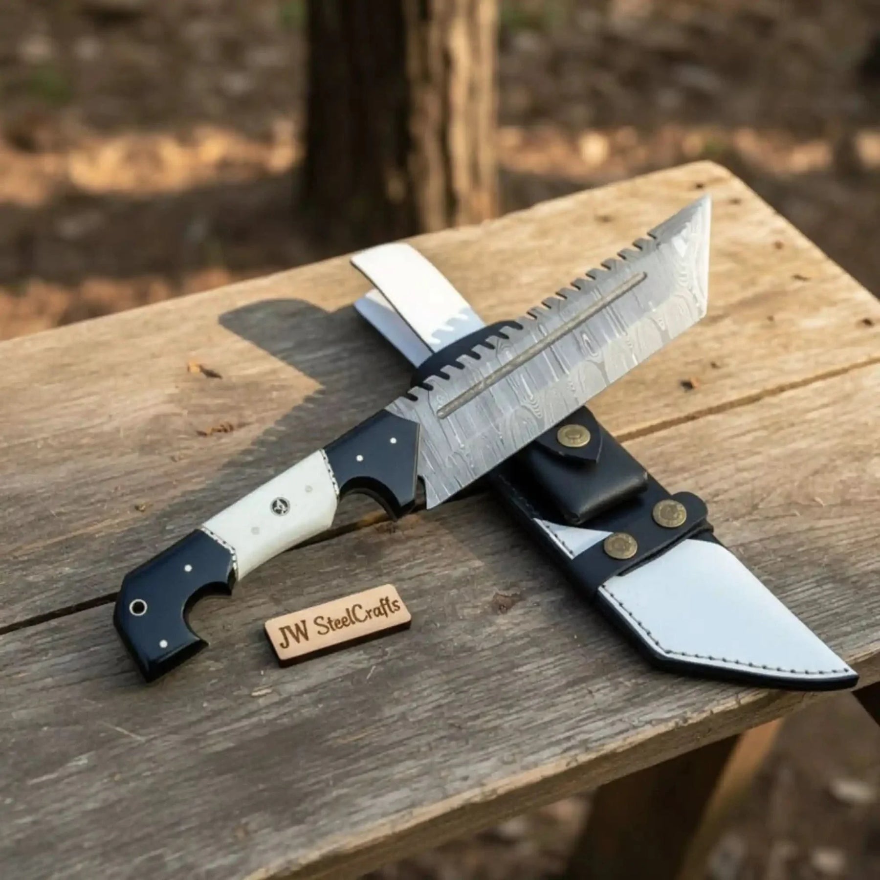 Damascus Steel Buckstrap Tracker Knife with Dual-Tone Bone & Black Handle Handmade Leather Sheath detail view by JW