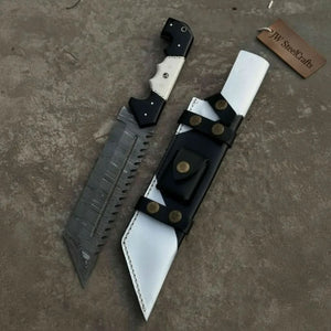 Damascus Steel Tracker Knife with Dual-Tone Bone & Black Handle | Handmade Leather Sheath by JW SteelCrafts, leather knife sheath detail photo 4