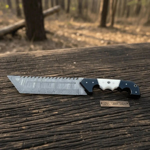 Damascus Steel Tracker Knife with Dual-Tone Bone & Black Handle | Handmade Leather Sheath by JW SteelCrafts, leather knife sheath detail photo 13
