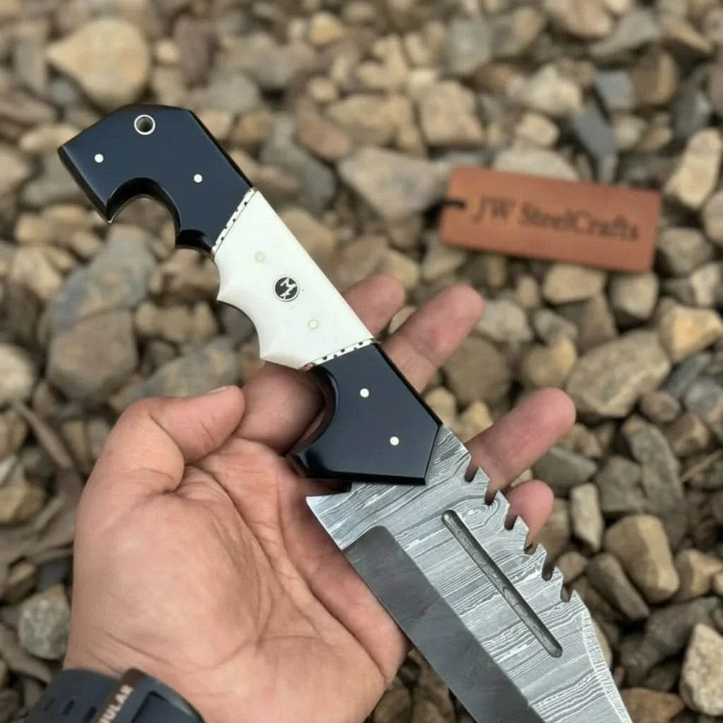 Damascus Steel Tracker Knife with Dual-Tone Bone & Black Handle | Handmade Leather Sheath by JW SteelCrafts, leather knife sheath detail photo 11