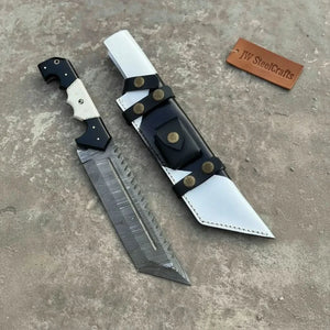 Damascus Steel Tracker Knife with Dual-Tone Bone & Black Handle | Handmade Leather Sheath by JW SteelCrafts, leather knife sheath detail photo 10