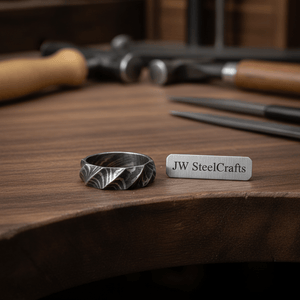 Mens Damascus Steel Twisted Faceted Wedding Band Handmade Ring by JW SteelCrafts, handmade jewelry detail photo 2
