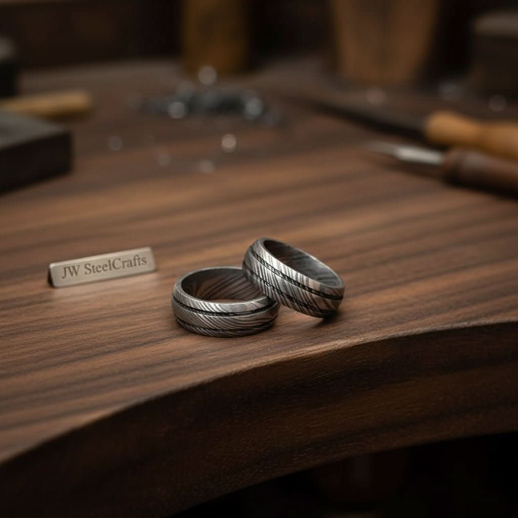 Damascus Steel Wedding Band Set for Couples Twisted Damascus Rings by JW SteelCrafts, handmade jewelry detail photo 4