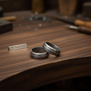Damascus Steel Wedding Band Set for Couples Twisted Damascus Rings by JW SteelCrafts, handmade jewelry detail photo 4