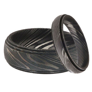 Damascus Steel Wedding Ring Set for Couples Black Pattern Wedding Bands by JW SteelCrafts, handmade jewelry main product photo