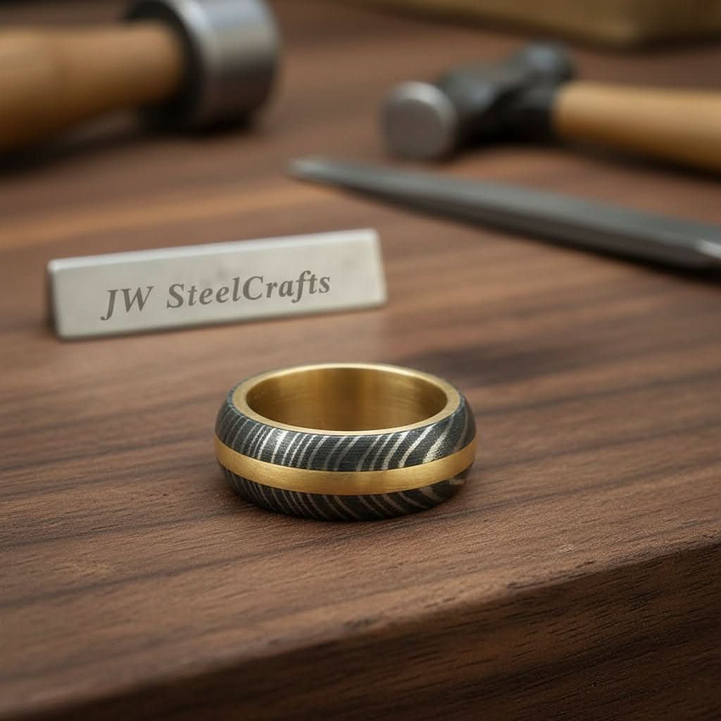 Damascus Steel Wedding Ring Twisted Pattern with Brass Inlay Band by JW SteelCrafts, handmade jewelry detail photo 3