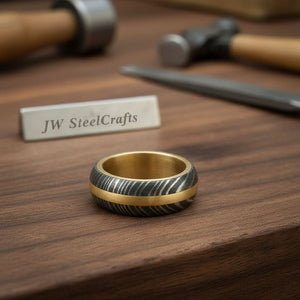 Damascus Steel Wedding Ring Twisted Pattern with Brass Inlay Band by JW SteelCrafts, handmade jewelry detail photo 3