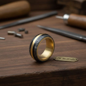 Damascus Steel Wedding Ring Twisted Pattern with Brass Inlay Band by JW SteelCrafts, handmade jewelry detail photo 2