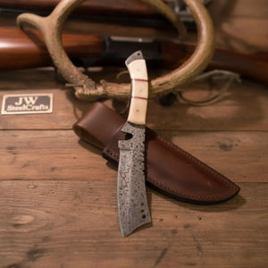 Damascus Tanto Trailing Point Hunting Knife Bone Handle 12 Inch Handmade Leather Sheath by JW SteelCrafts, leather knife sheath main product photo