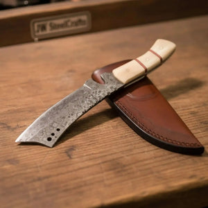 Damascus Tanto Trailing Point Hunting Knife Bone Handle 12 Inch Handmade Leather Sheath by JW SteelCrafts, leather knife sheath detail photo 3
