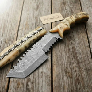 Damascus Tom Brown Tracker Knife with Ram Horn Handle - Full Tang by JW SteelCrafts