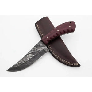 Damascus Trailing Point Skinner Knife with Red Wood Handle – 9 Inch Overall by JW SteelCrafts, Damascus knife detail photo 3