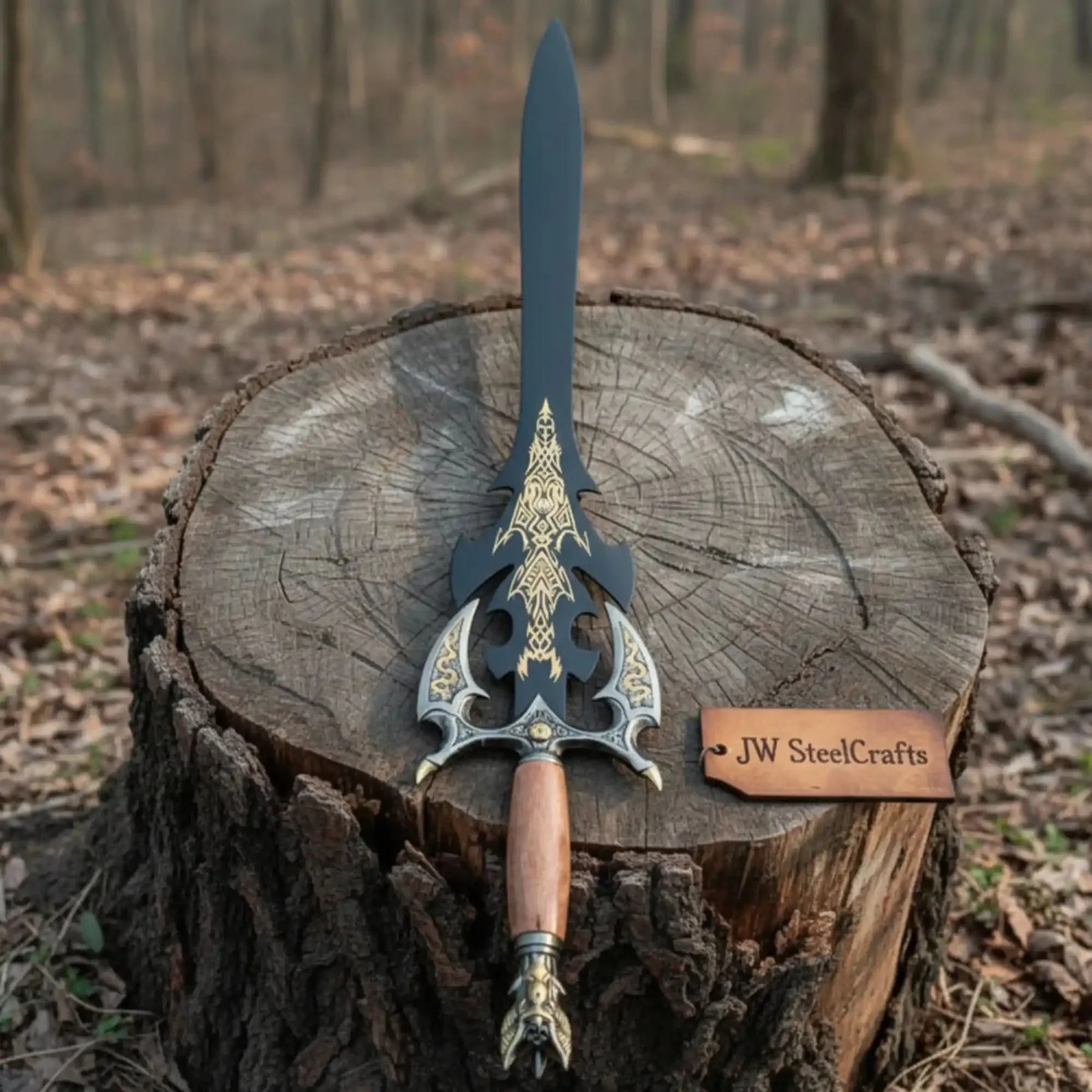 Handmade Dark Fantasy Sword with Gold Engraved Blade & Dragon Claw Pommel by JW SteelCrafts, 3D printed gift main product photo