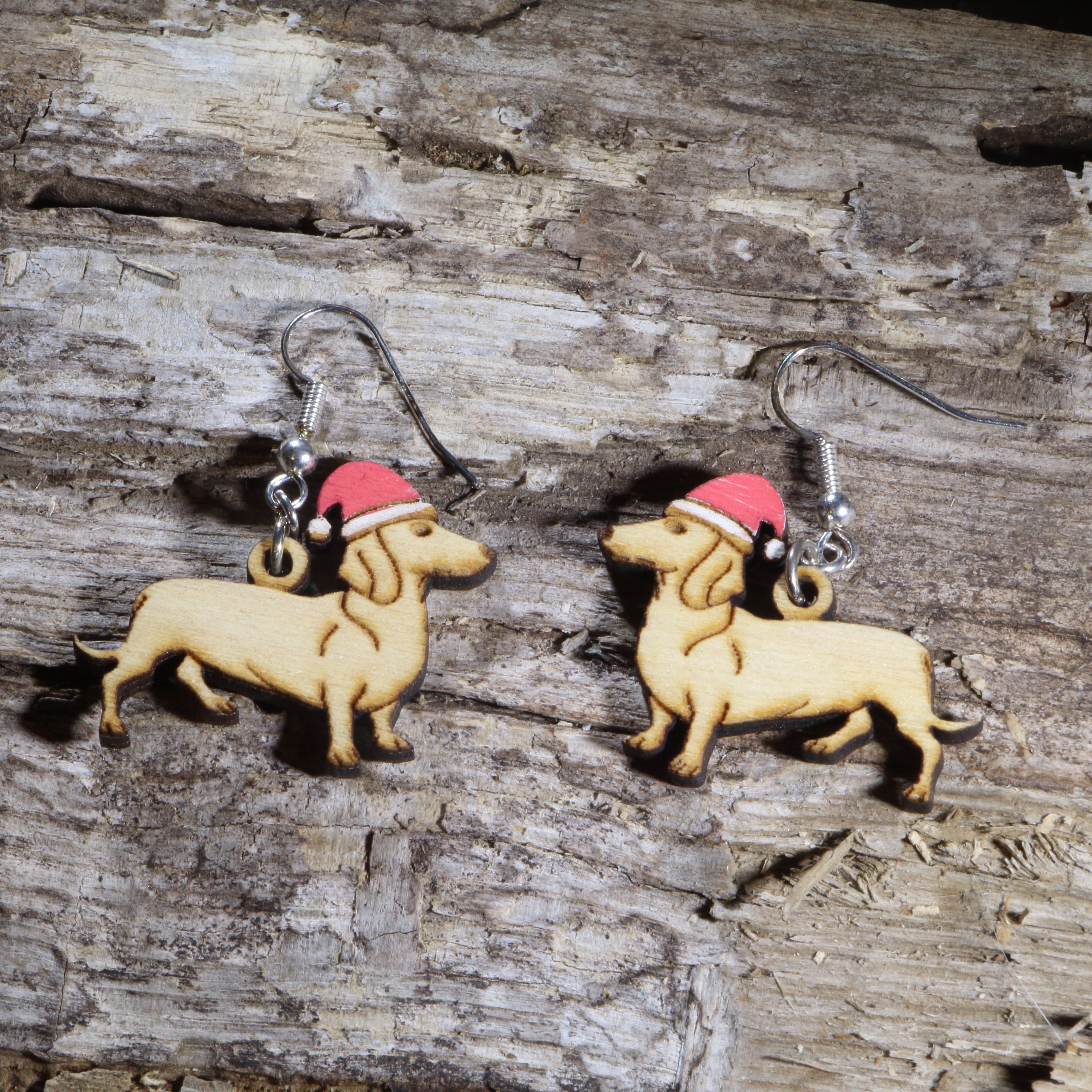 Dachshund Santa Hat Wooden Dangle Earrings | Christmas Dog Jewelry by Cate's Concepts, LLC