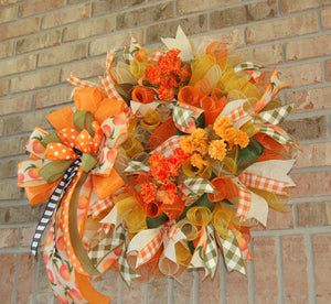 Peach & Orange Fall Wreath | Polka Dot Bow Door Decor by Bouge Creations, view 8