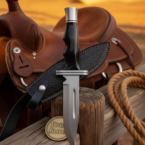 Blood Groove Hunting Knife with Dark Handle and Textured Leather Sheath detail view by Divine Knives