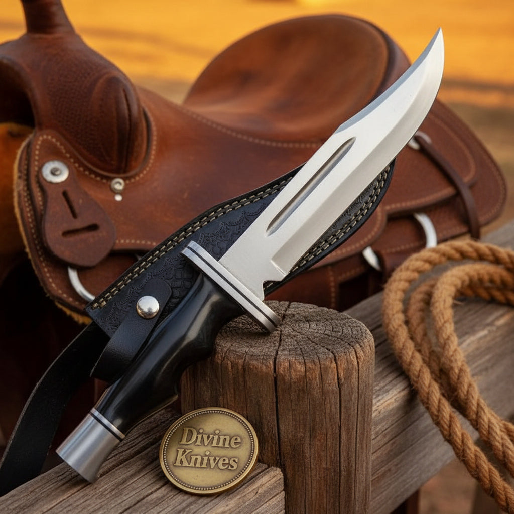 Blood Groove Hunting Knife with Dark Handle and Textured Leather Sheath by Divine Knives