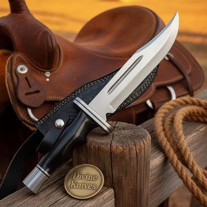 Blood Groove Hunting Knife with Dark Handle and Textured Leather Sheath by Divine Knives
