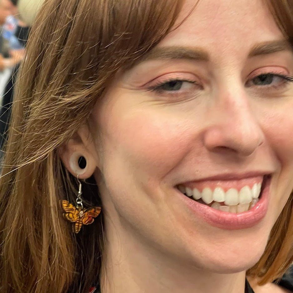 Death Head Hawkmoth Wooden Dangle Earrings | Gothic Insect Jewelry detail view by Cate's Concepts, LLC