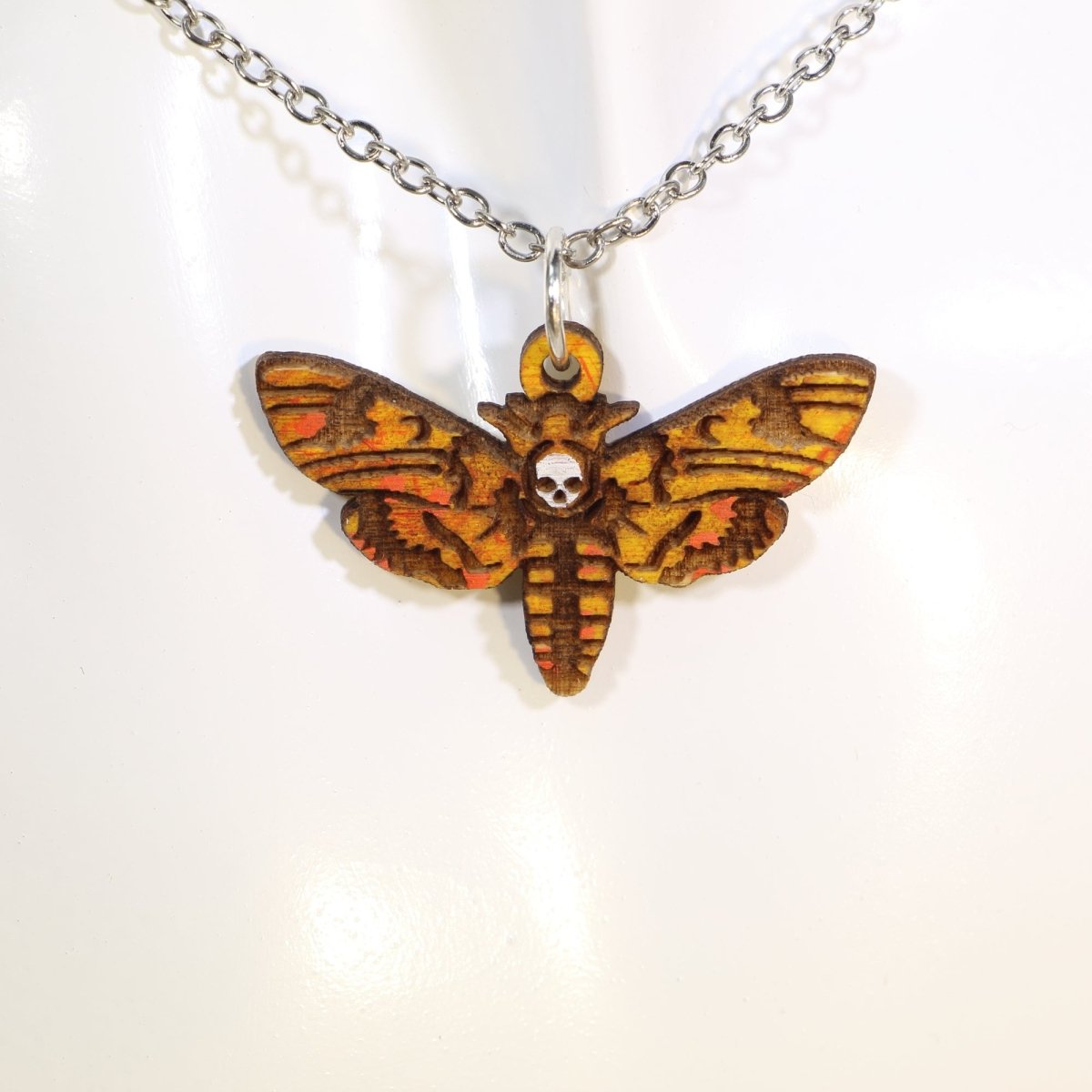Death Head Hawkmoth Wooden Dangle Earrings | Gothic Insect Jewelry detail view by Cate's Concepts, LLC