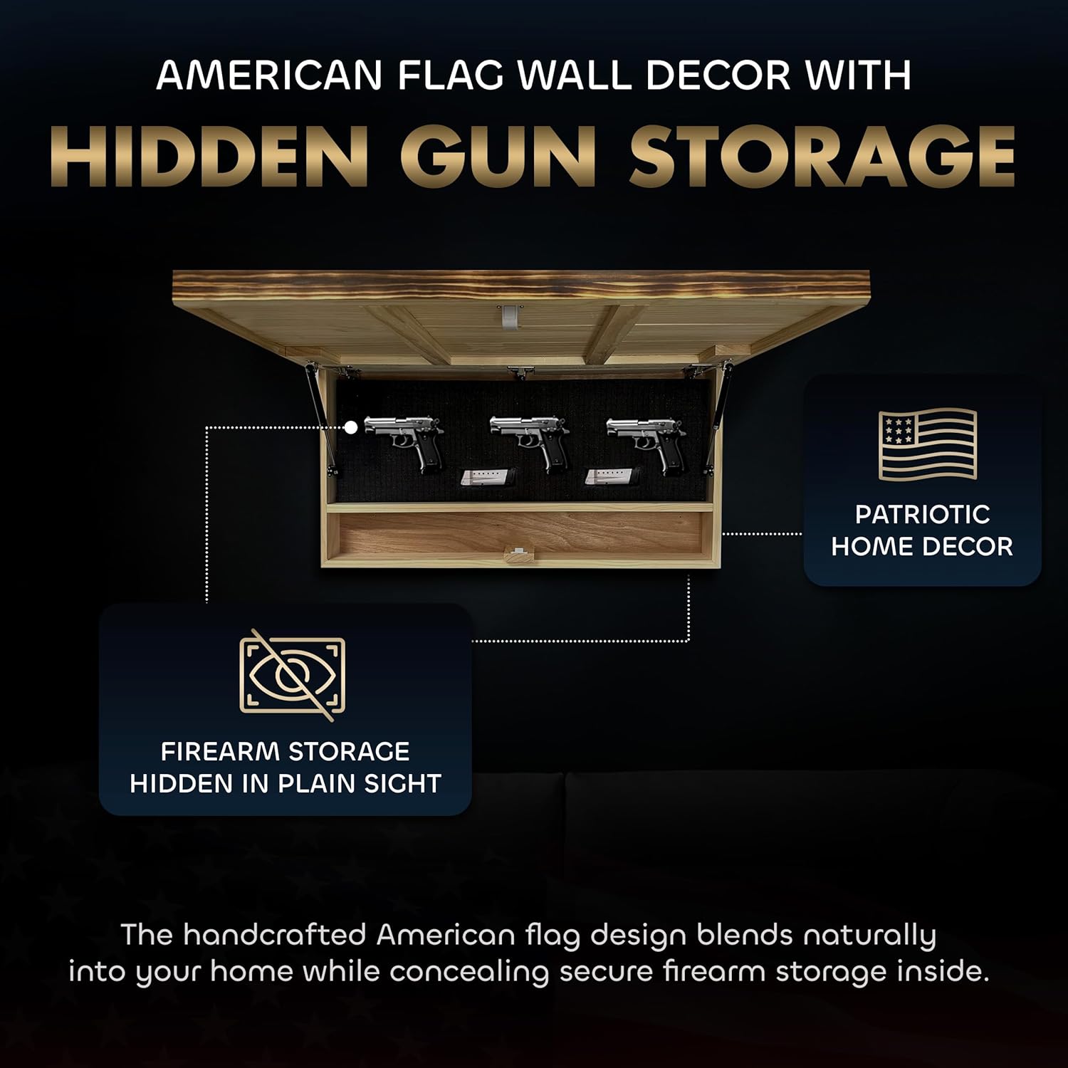 American Flag Challenge Coin Display and Hidden Gun Cabinet, Military Coin Holder Holds 100 Coins and is Ready to Hang, Large US Flag Patriotic Art 38 by Bellewood Designs