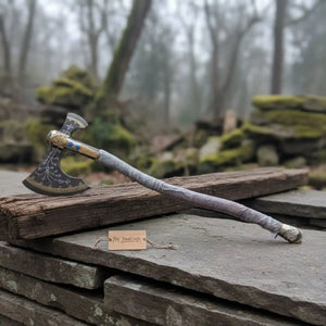 Hand Forged Viking Fantasy Double-Bit Axe with Norse Engraving, Gold Handle Fittings and Blue Gemstone Inlays by JW SteelCrafts, handmade jewelry detail photo 16